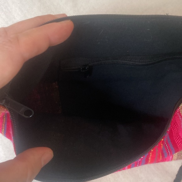 mexican fabric striped colorful w neon fabric cross body purse, w pom pom - Picture 9 of 12